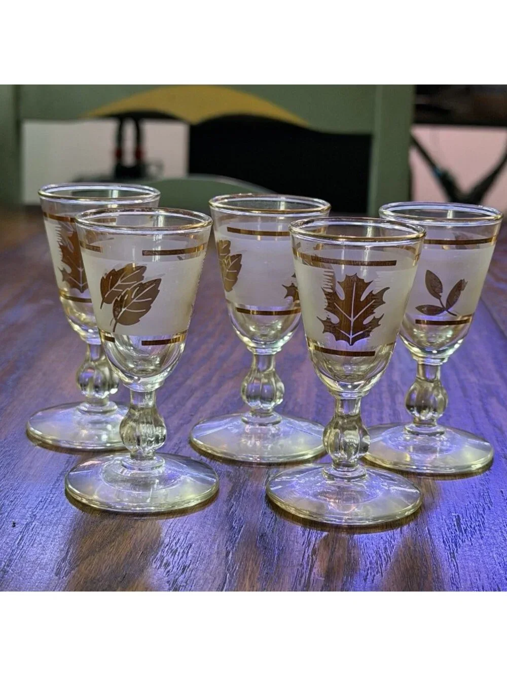 5 Vintage MCM Libbey Golden Foliage Gold Leaf White Frosted Cordial Glasses